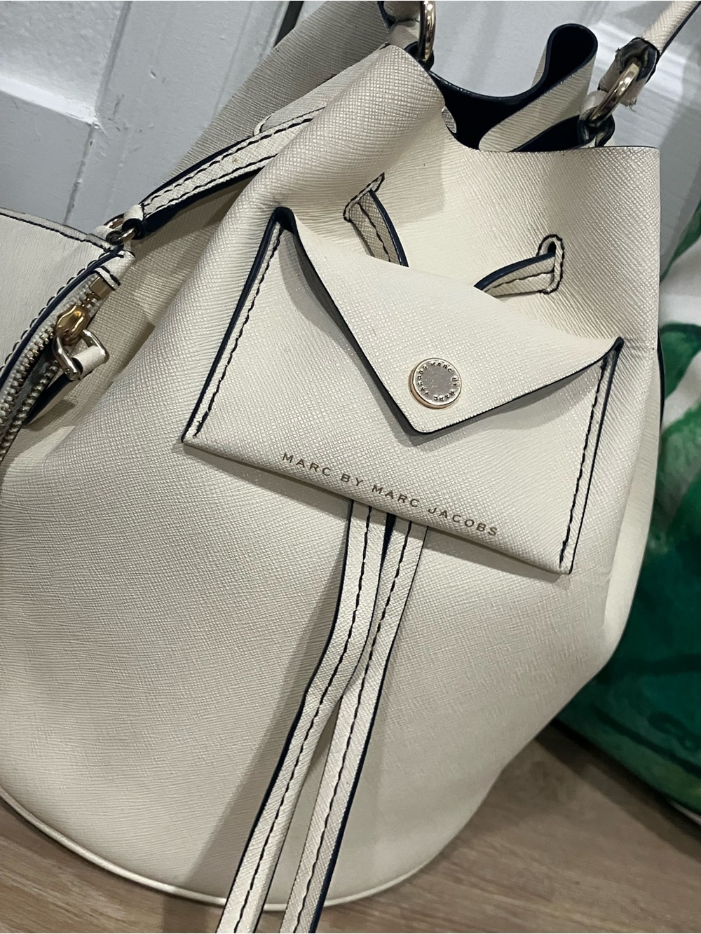 Marc by Marc Jacobs off white cream ivory Bucket Shoulder Bag with Black stitch